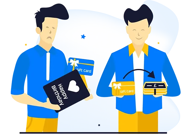 Illustration of one person handing over a gift card and another receiving cash in return